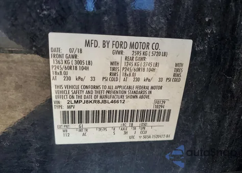 2018 Lincoln Mkx Select z USA, uszkodzony, nr VIN 2LMPJ8KR8JBL46612